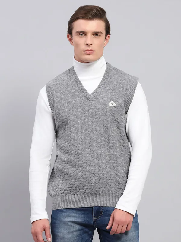 Men Grey Self Design V Neck Sleeveless Sweater made by Monte Carlo