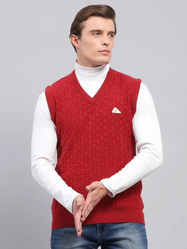 Men Red Self Design V Neck Sleeveless Sweater made by Monte Carlo