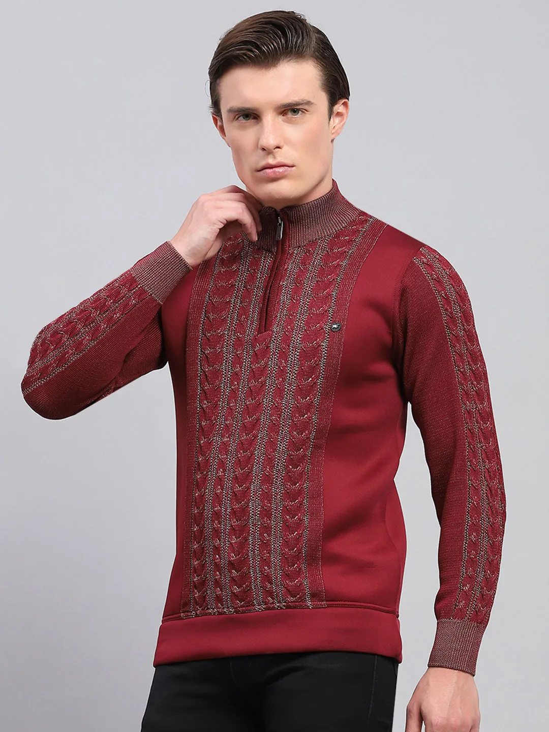 Men Maroon Self Design Mock Neck Full Sleeve Pullover sold by Monte Carlo product image thumbnail 3