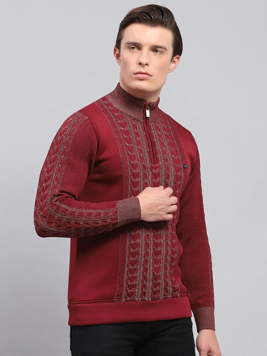 Men Maroon Self Design Mock Neck Full Sleeve Pullover sold by Monte Carlo product image thumbnail 4