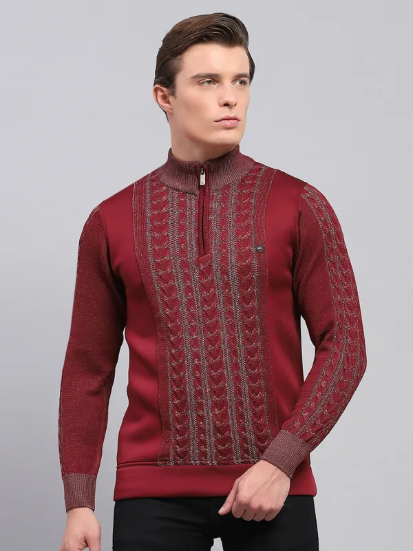 Men Maroon Self Design Mock Neck Full Sleeve Pullover sold by Monte Carlo