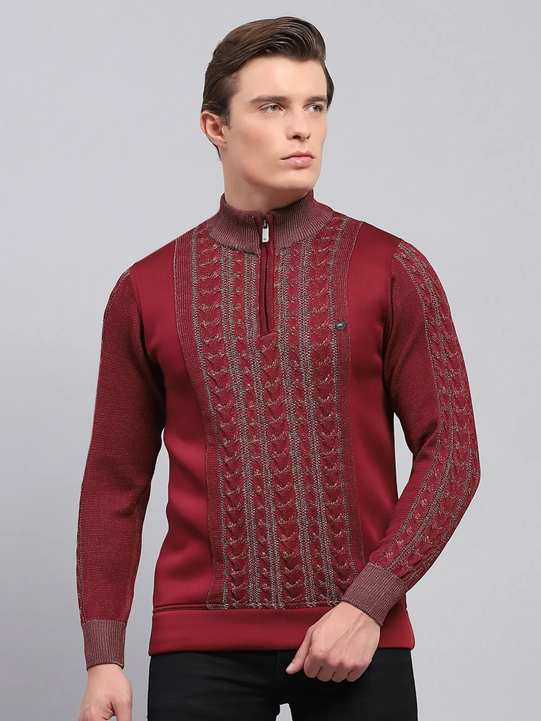 Men Maroon Self Design Mock Neck Full Sleeve Pullover sold by Monte Carlo