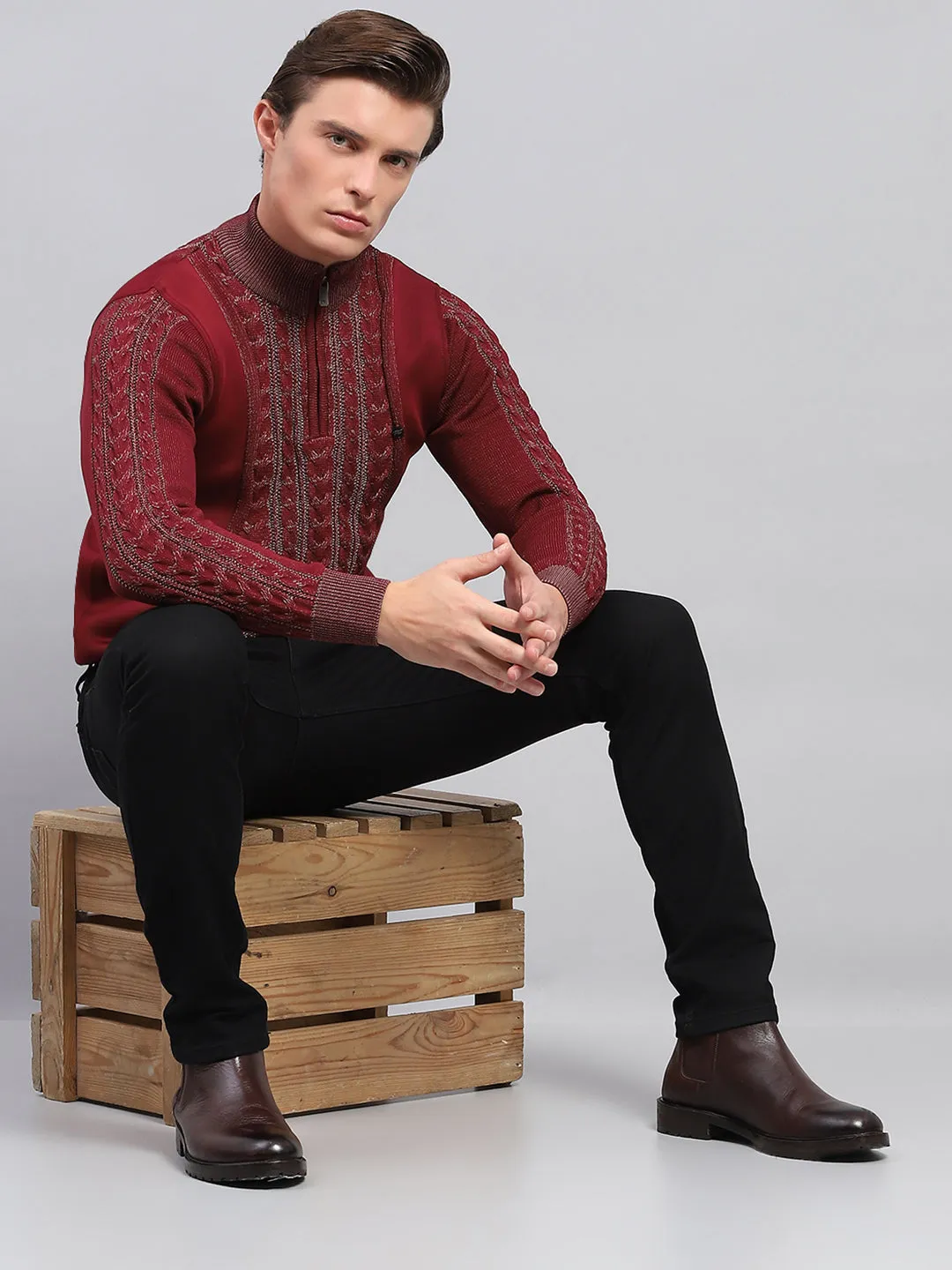 Men Maroon Self Design Mock Neck Full Sleeve Pullover sold by Monte Carlo product image thumbnail 2
