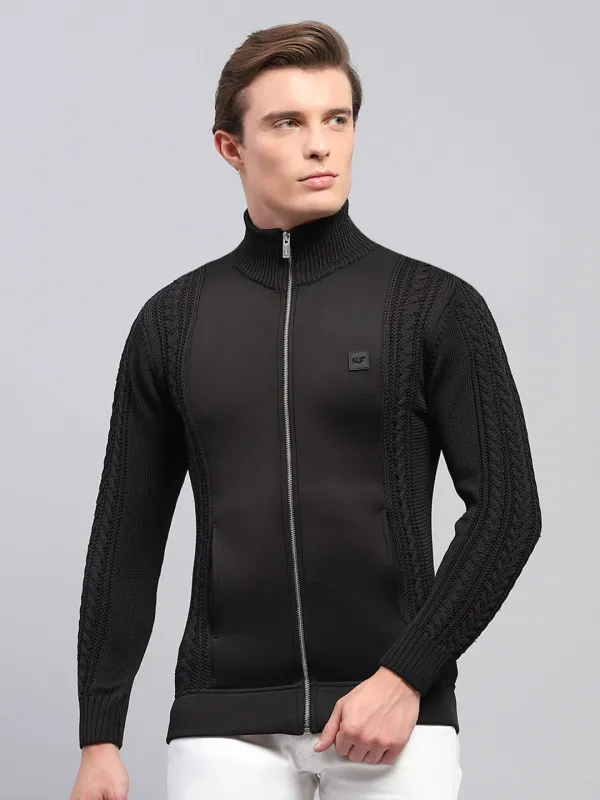 Men Black Self Design Mock Neck Full Sleeve Pullover sold by Monte Carlo