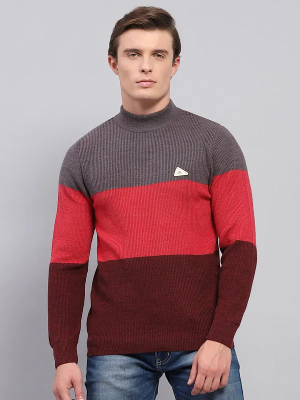 Men Grey & Red Stripe High Neck Full Sleeve Pullover sold by Monte Carlo