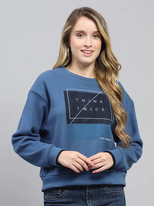 Women Blue Printed Round Neck Full Sleeve Sweatshirt sold by Monte Carlo