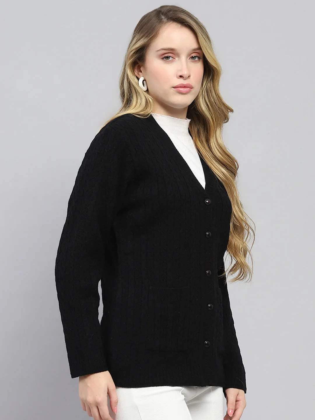 Women Black Self Design V Neck Full Sleeve Cardigan sold by Monte Carlo product image thumbnail 4