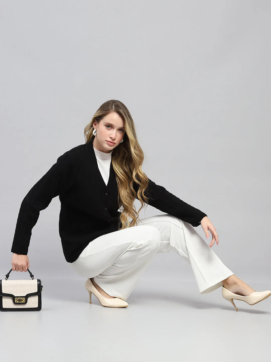 Women Black Self Design V Neck Full Sleeve Cardigan sold by Monte Carlo product image thumbnail 2