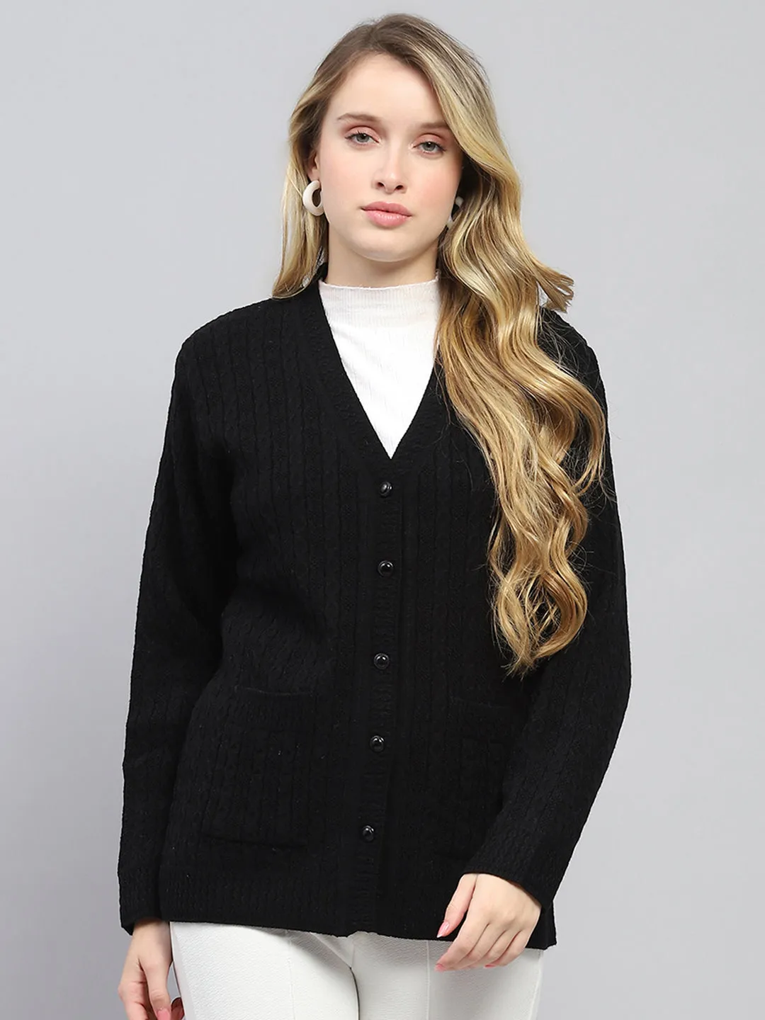 Women Black Self Design V Neck Full Sleeve Cardigan sold by Monte Carlo