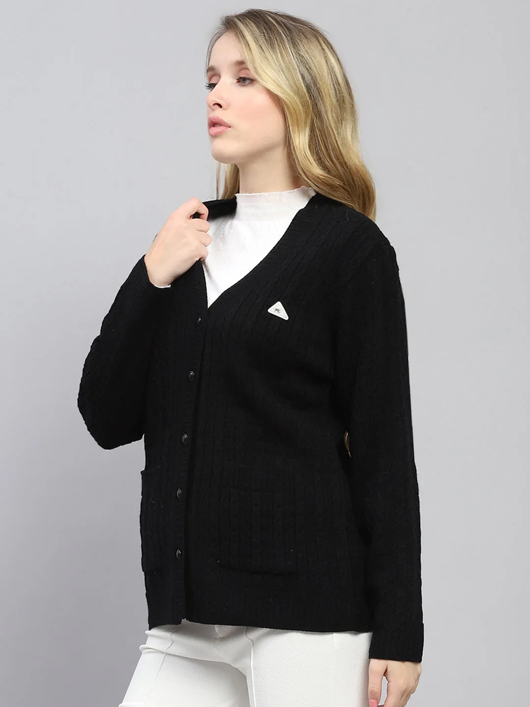 Women Black Self Design V Neck Full Sleeve Cardigan sold by Monte Carlo product image thumbnail 3