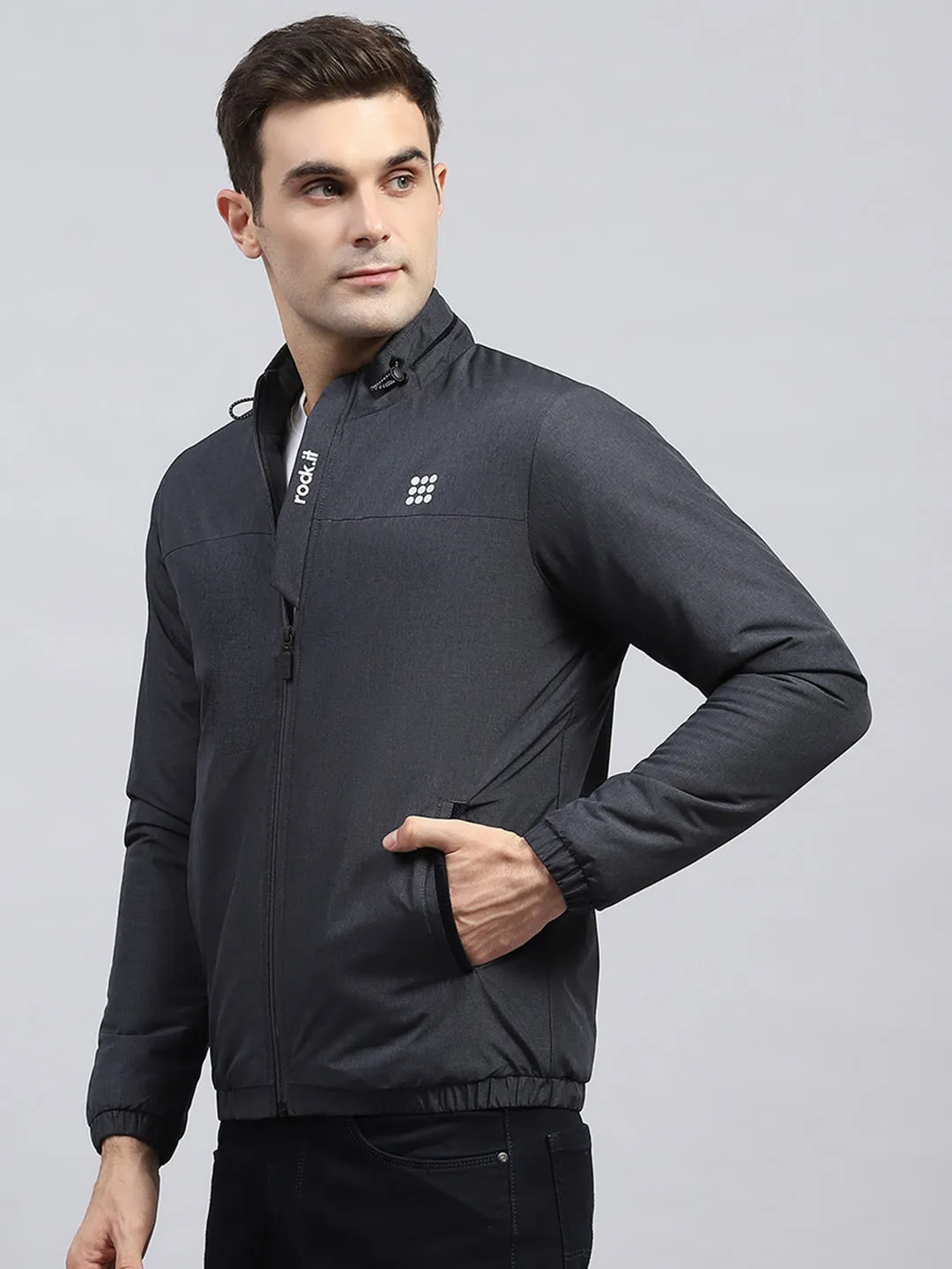 Rock.it Men Charcoal Solid Mock Neck Full Sleeve Jacket sold by Monte Carlo product image thumbnail 3