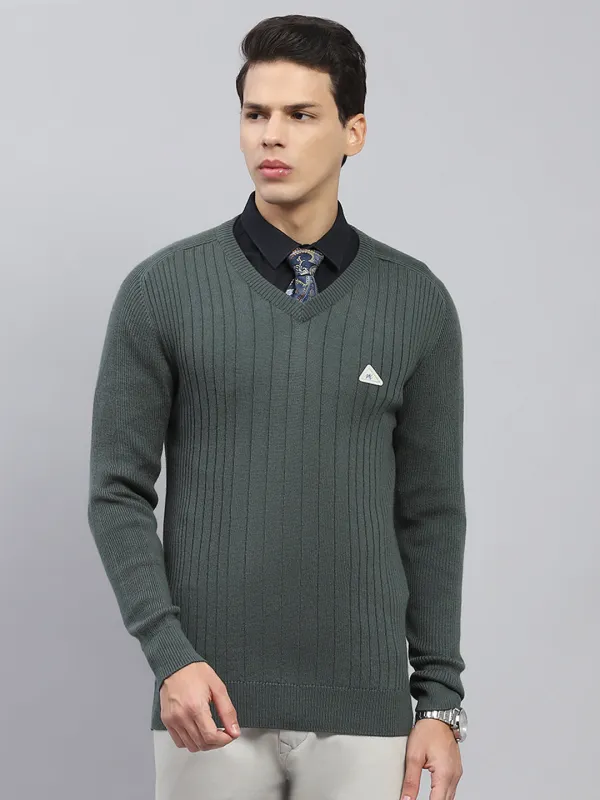 Men Olive Solid V Neck Full Sleeve Pullover sold by Monte Carlo