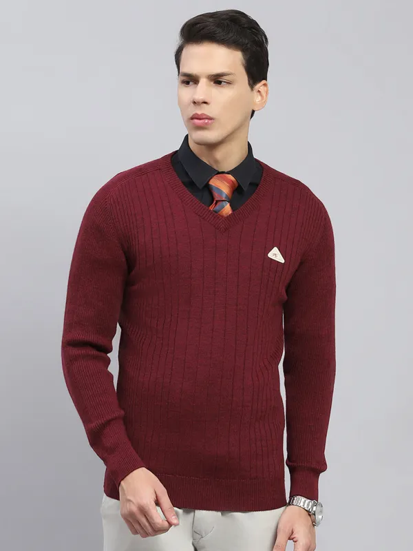 Men Maroon Solid V Neck Full Sleeve Pullover made by Monte Carlo