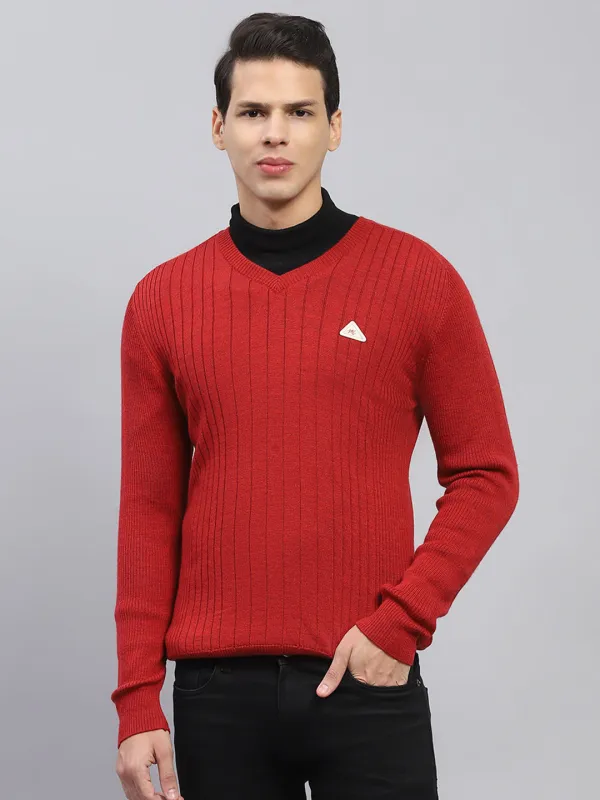 Men Maroon Solid V Neck Full Sleeve Pullover made by Monte Carlo