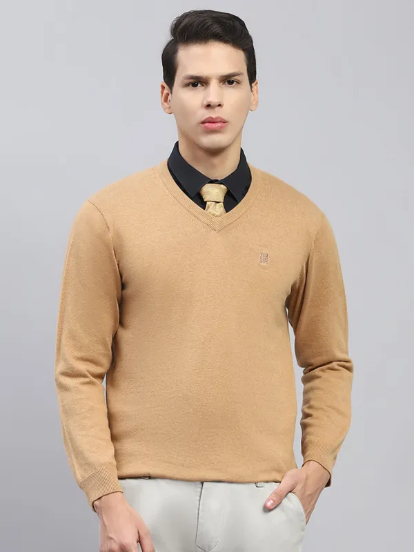 Men Khaki Solid V Neck Full Sleeve Pullover sold by Monte Carlo