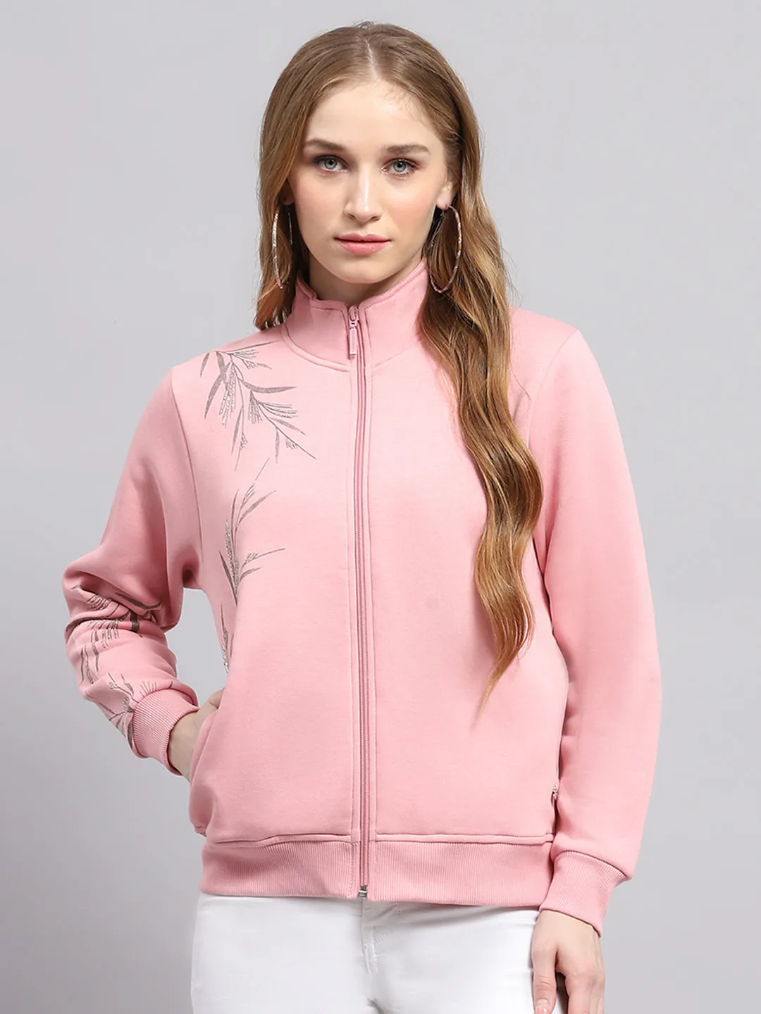 Women Pink Printed Mock Neck Full Sleeve Sweatshirt sold by Monte Carlo