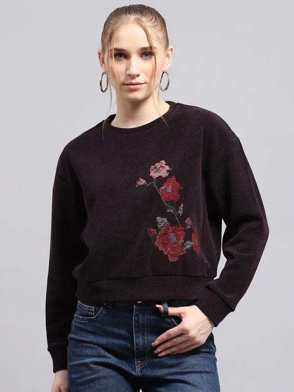 Women Maroon Printed Round Neck Full Sleeve Sweatshirt sold by Monte Carlo