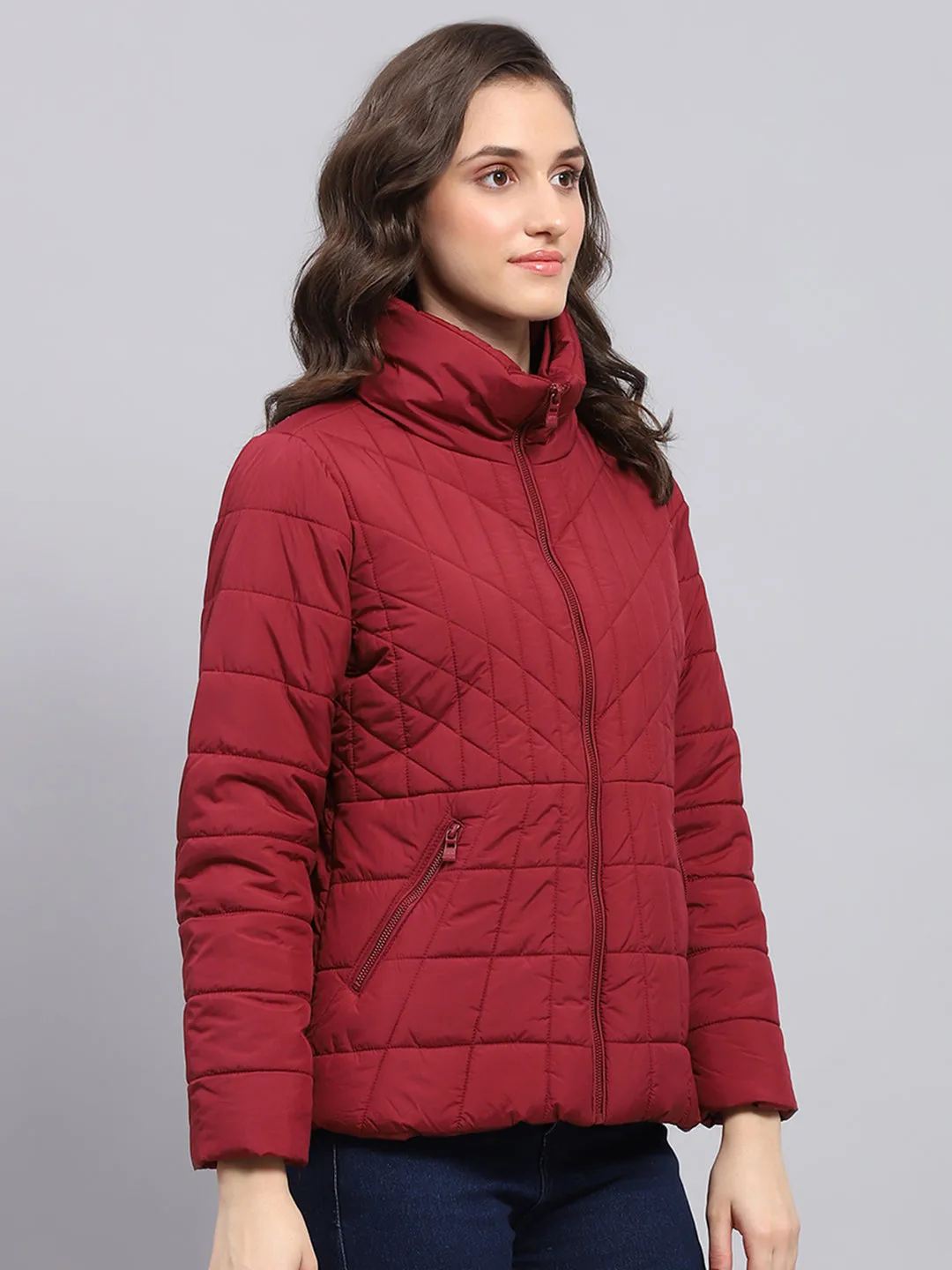 Women Maroon Solid High Neck Full Sleeve Heating Jacket sold by Monte Carlo product image thumbnail 4