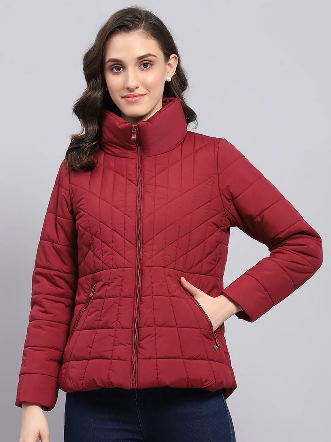 Women Maroon Solid High Neck Full Sleeve Heating Jacket sold by Monte Carlo
