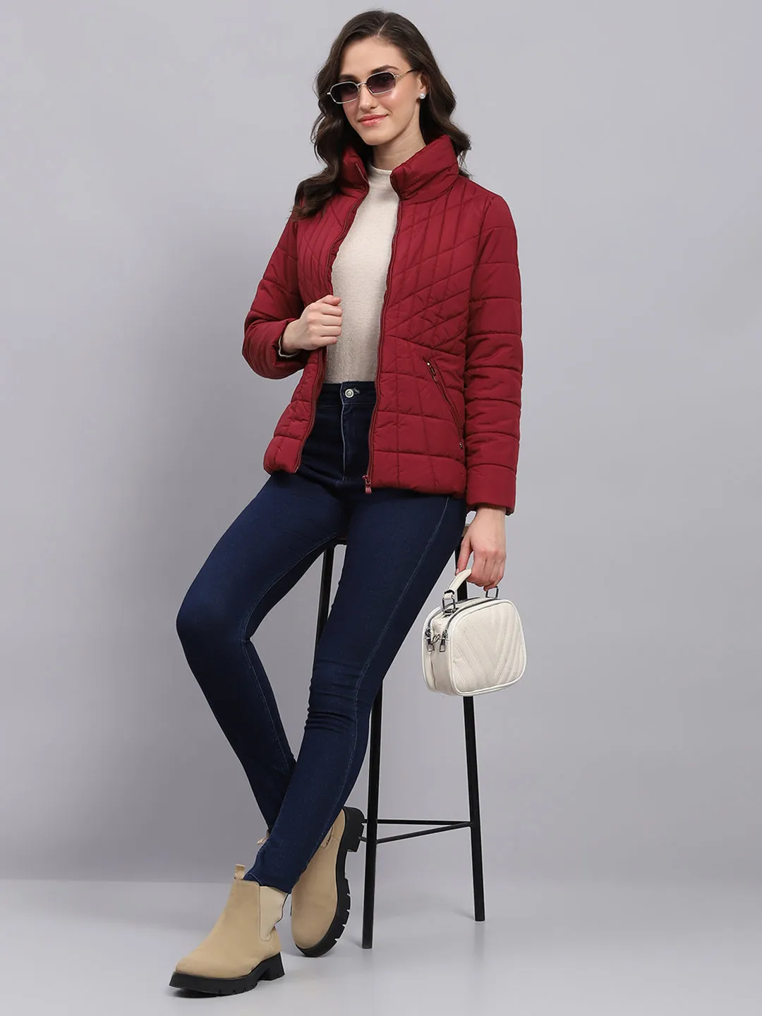 Women Maroon Solid High Neck Full Sleeve Heating Jacket sold by Monte Carlo product image thumbnail 2