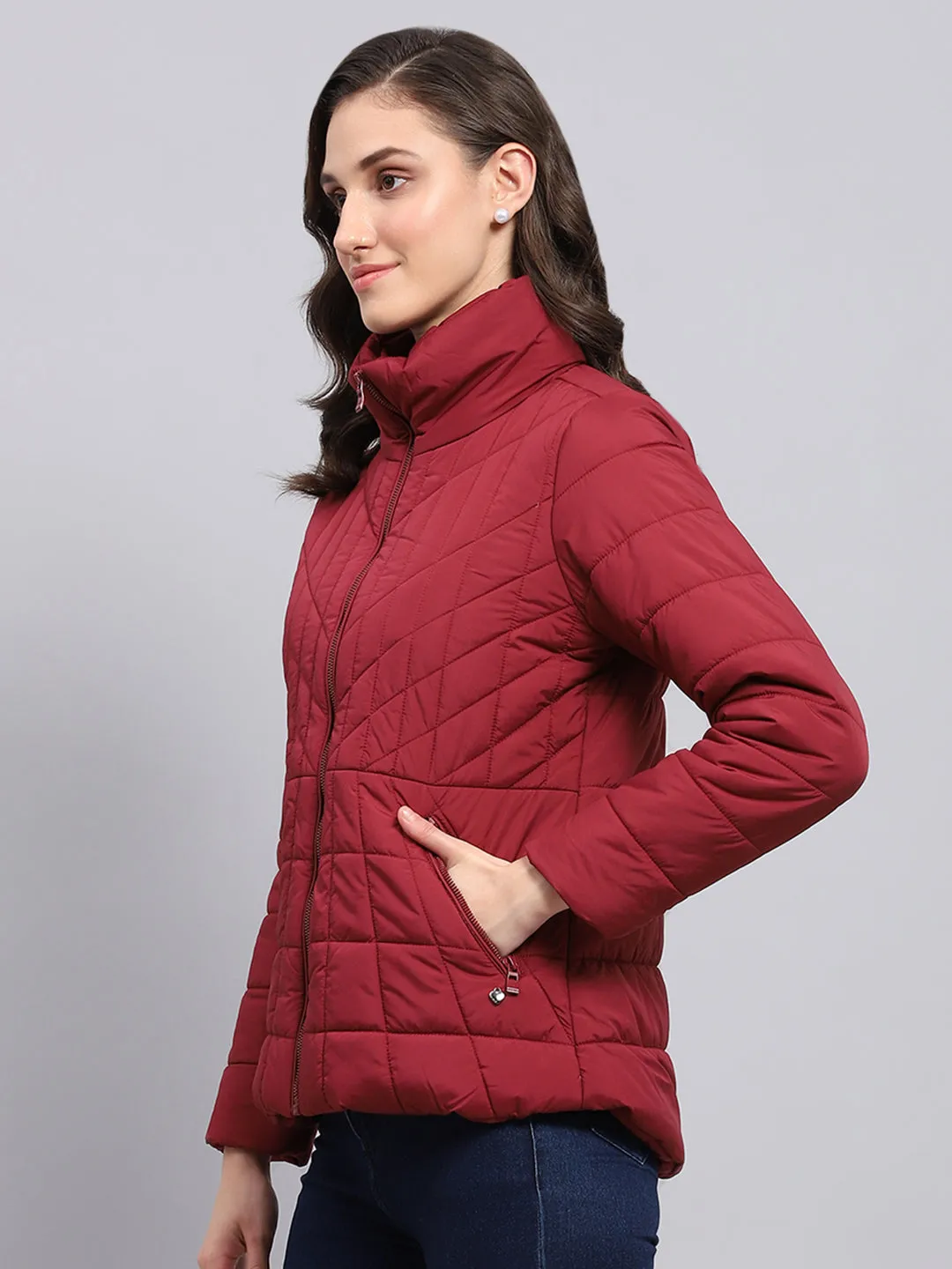 Women Maroon Solid High Neck Full Sleeve Heating Jacket sold by Monte Carlo product image thumbnail 3