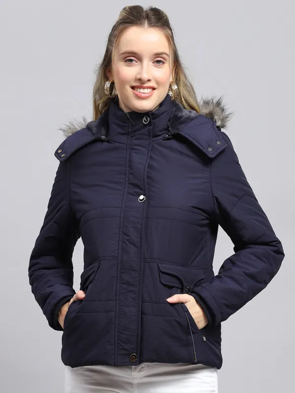 Women Navy Blue Solid Detachable Hood Full Sleeve Jacket sold by Monte Carlo