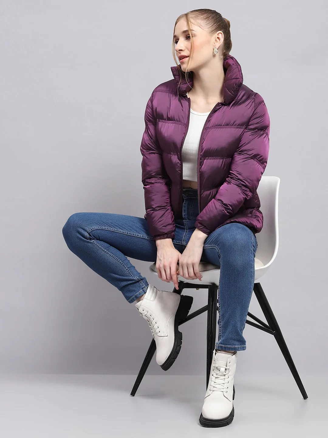 Women Purple Solid High Neck Full Sleeve Jacket sold by Monte Carlo product image thumbnail 2