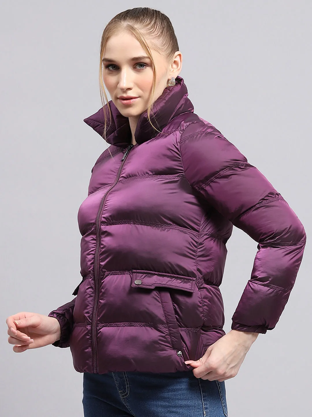 Women Purple Solid High Neck Full Sleeve Jacket sold by Monte Carlo product image thumbnail 3