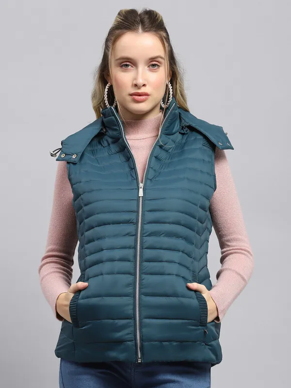 Women Teal Blue Solid Detachable Hood Sleeveless Jacket sold by Monte Carlo