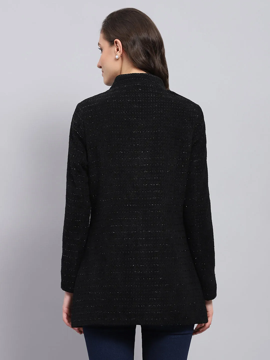 Women Black Self Design Round Neck Full Sleeve Coat sold by Monte Carlo product image thumbnail 5