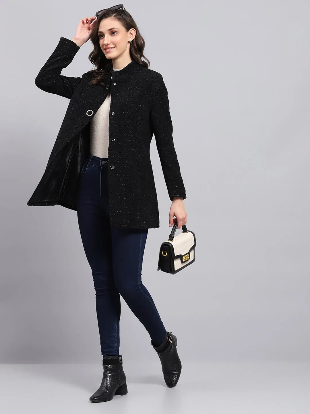Women Black Self Design Round Neck Full Sleeve Coat sold by Monte Carlo product image thumbnail 2