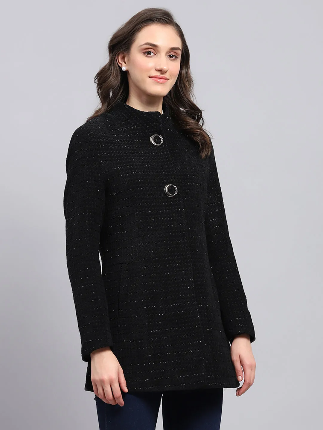 Women Black Self Design Round Neck Full Sleeve Coat sold by Monte Carlo product image thumbnail 4