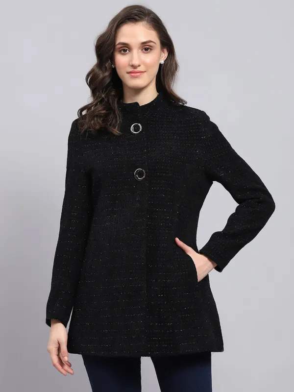 Women Black Self Design Round Neck Full Sleeve Coat sold by Monte Carlo