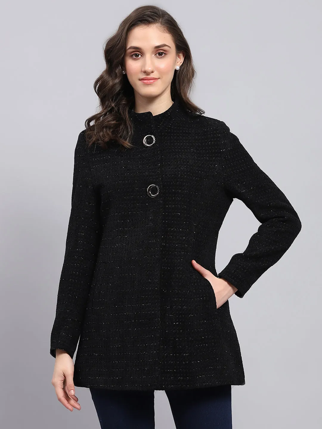 Women Black Self Design Round Neck Full Sleeve Coat sold by Monte Carlo