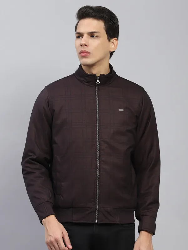 Men Maroon Self Design Mock Neck Full Sleeve Jacket sold by Monte Carlo