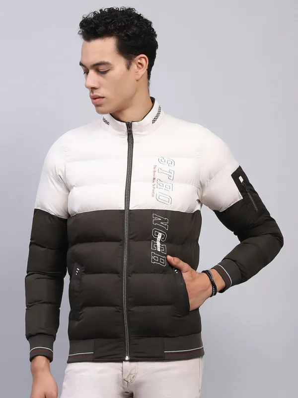 Men White & Olive Printed Mock Neck Full Sleeve Jacket sold by Monte Carlo