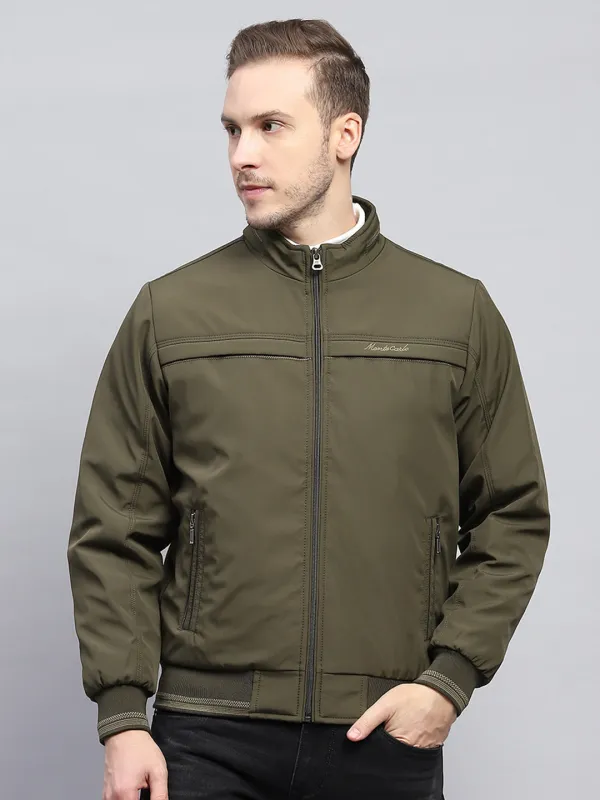Men Olive Solid Mock Neck Full Sleeve Jacket sold by Monte Carlo