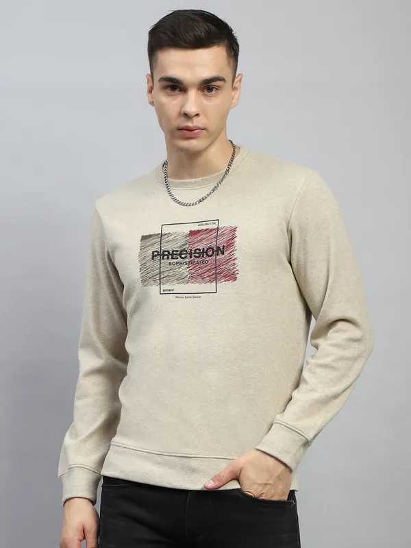 Men Beige Printed Round Neck Full Sleeve Sweatshirt sold by Monte Carlo