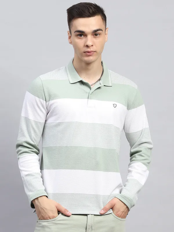 Men Green Stripe Collar Full Sleeve Winter T-Shirt made by Monte Carlo