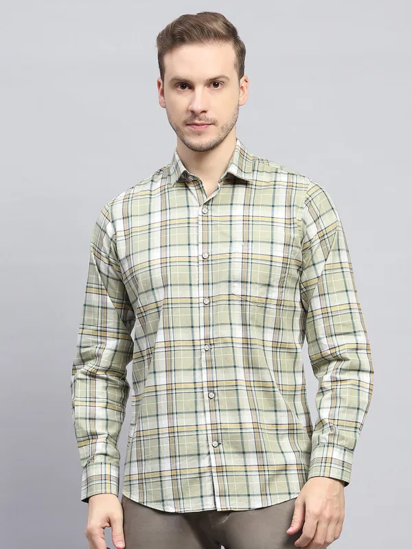 Men Olive Check Collar Full Sleeve Shirt sold by Monte Carlo