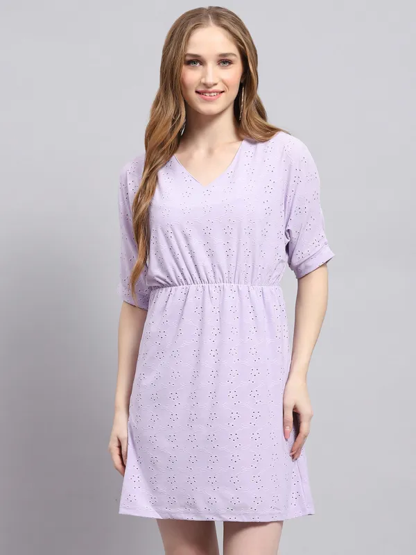 Women Purple Self Design V Neck Half Sleeve Tunic sold by Monte Carlo