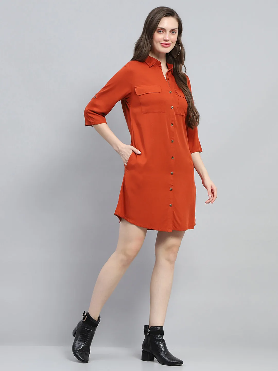 Women Rust Solid Collar 3/4th Sleeve Tunic sold by Monte Carlo product image thumbnail 4