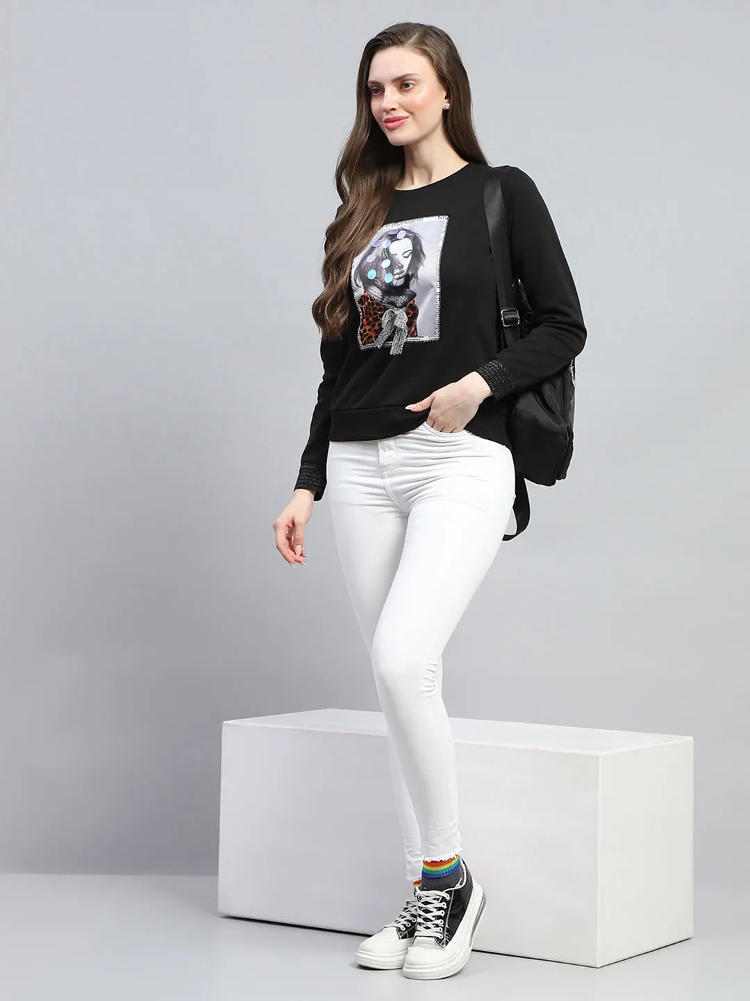 Women Black Printed Round Neck Full Sleeve Sweatshirt sold by Monte Carlo product image thumbnail 2