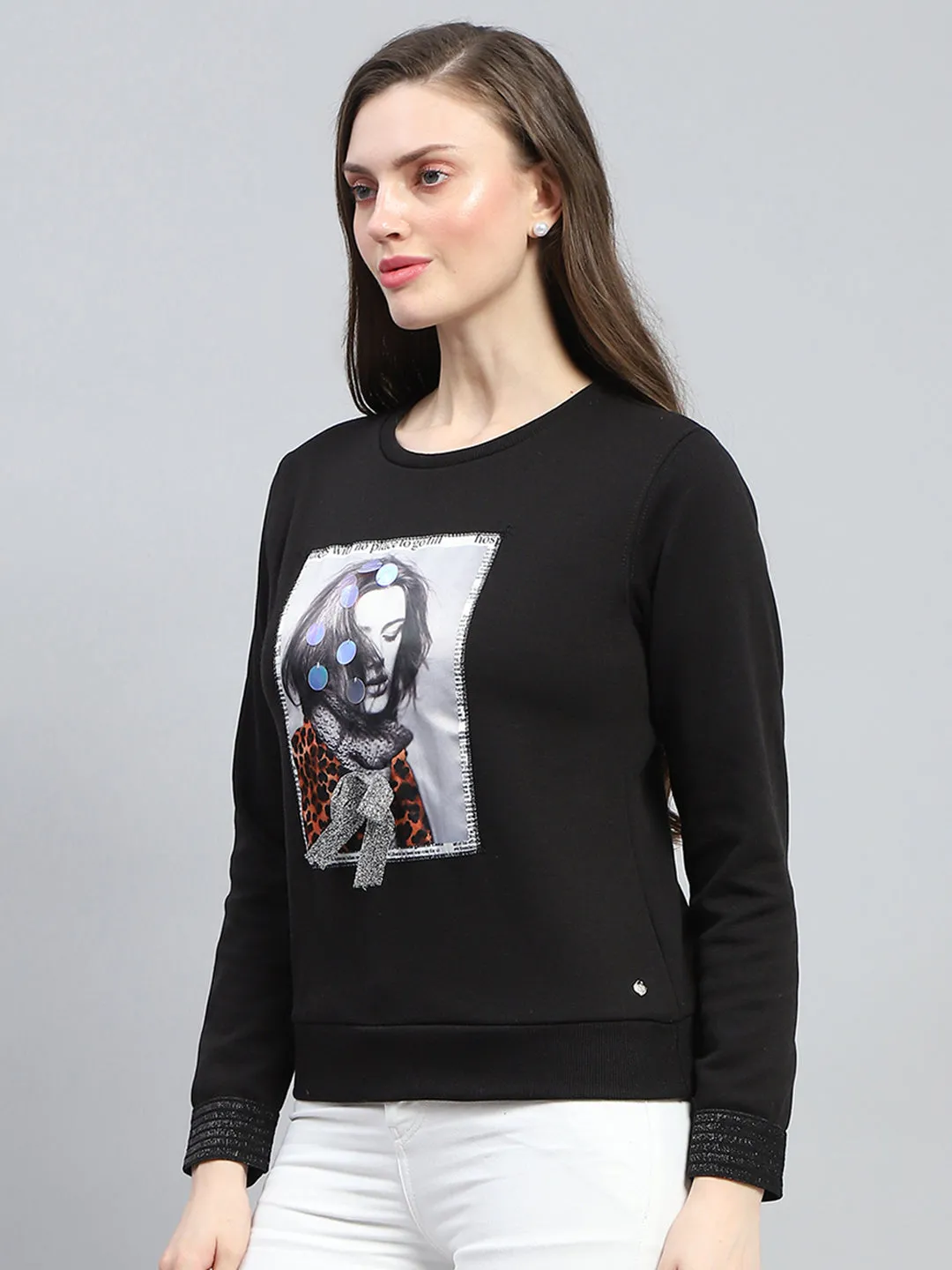 Women Black Printed Round Neck Full Sleeve Sweatshirt sold by Monte Carlo product image thumbnail 3