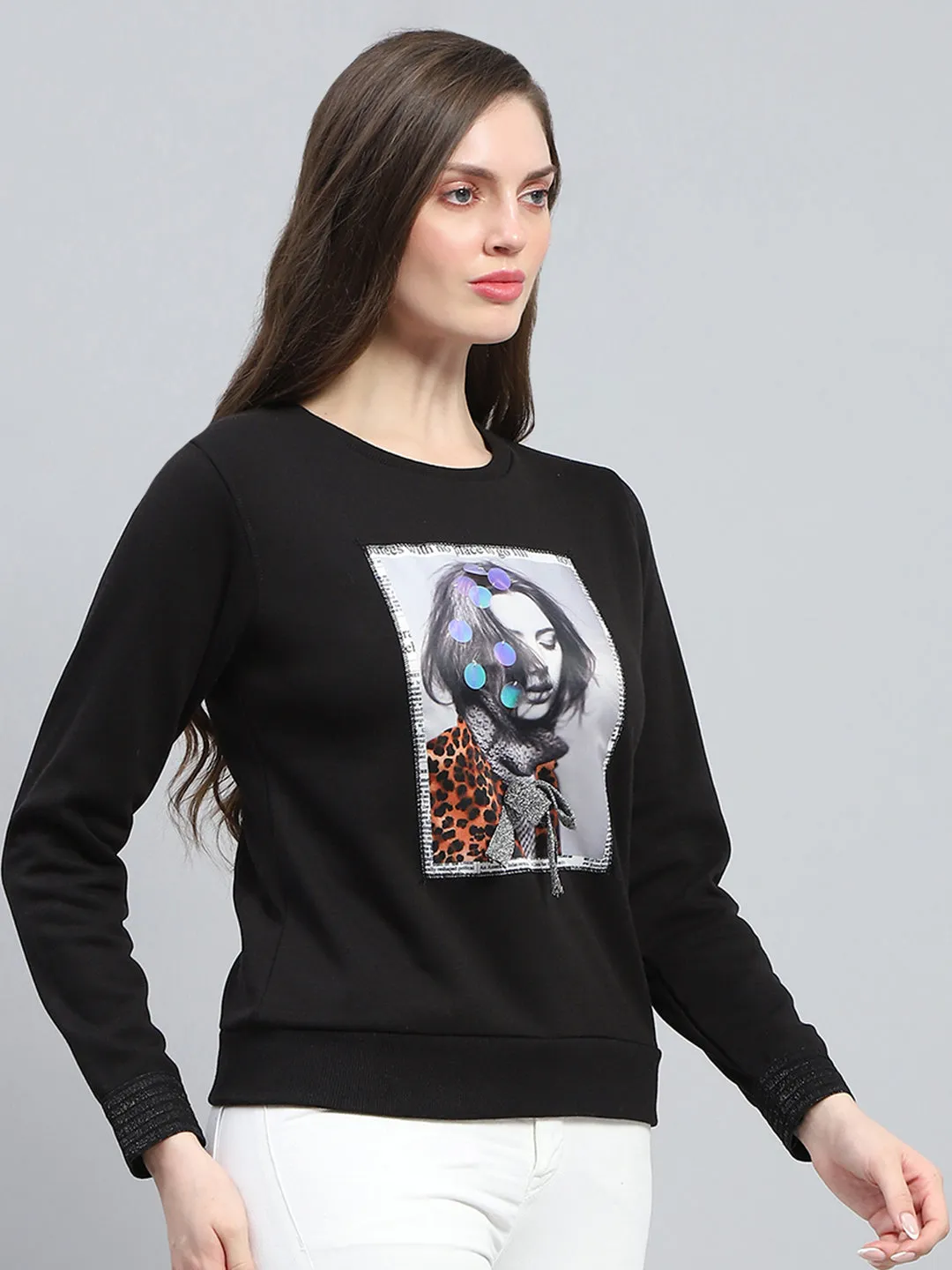 Women Black Printed Round Neck Full Sleeve Sweatshirt sold by Monte Carlo product image thumbnail 4