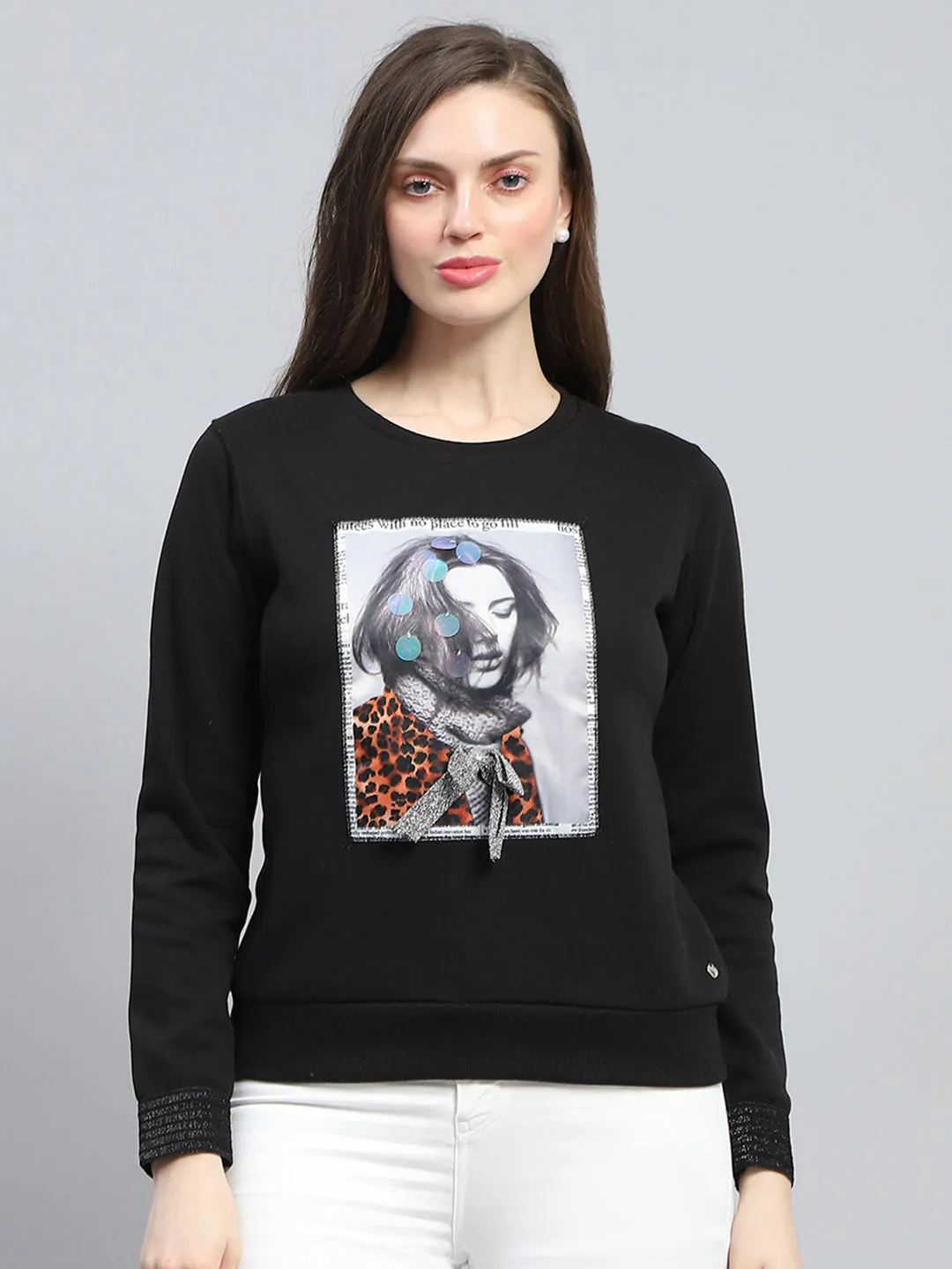 Women Black Printed Round Neck Full Sleeve Sweatshirt sold by Monte Carlo
