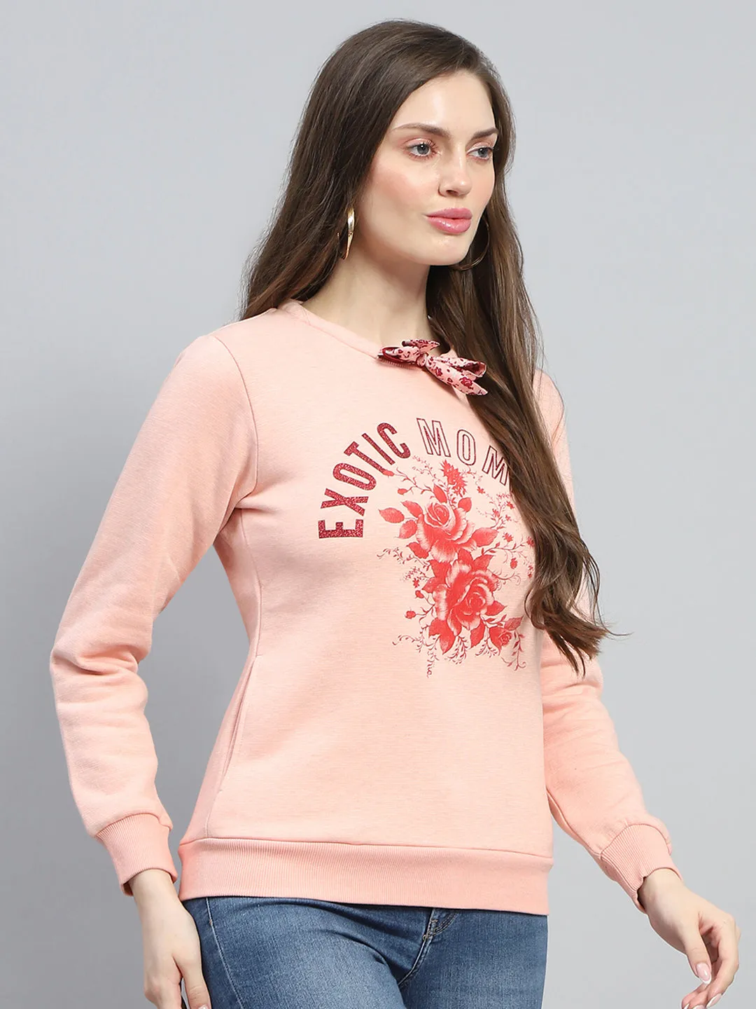 Women Peach Printed Round Neck Full Sleeve Sweatshirt sold by Monte Carlo product image thumbnail 4