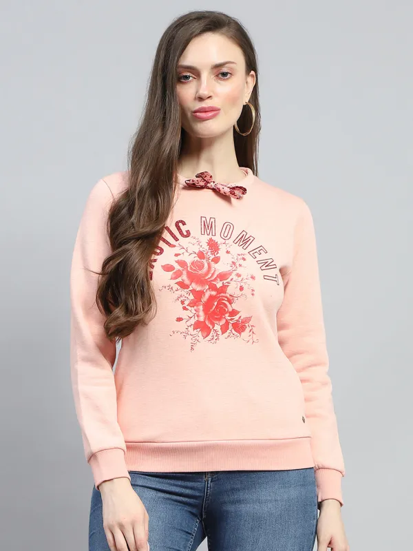 Women Peach Printed Round Neck Full Sleeve Sweatshirt sold by Monte Carlo