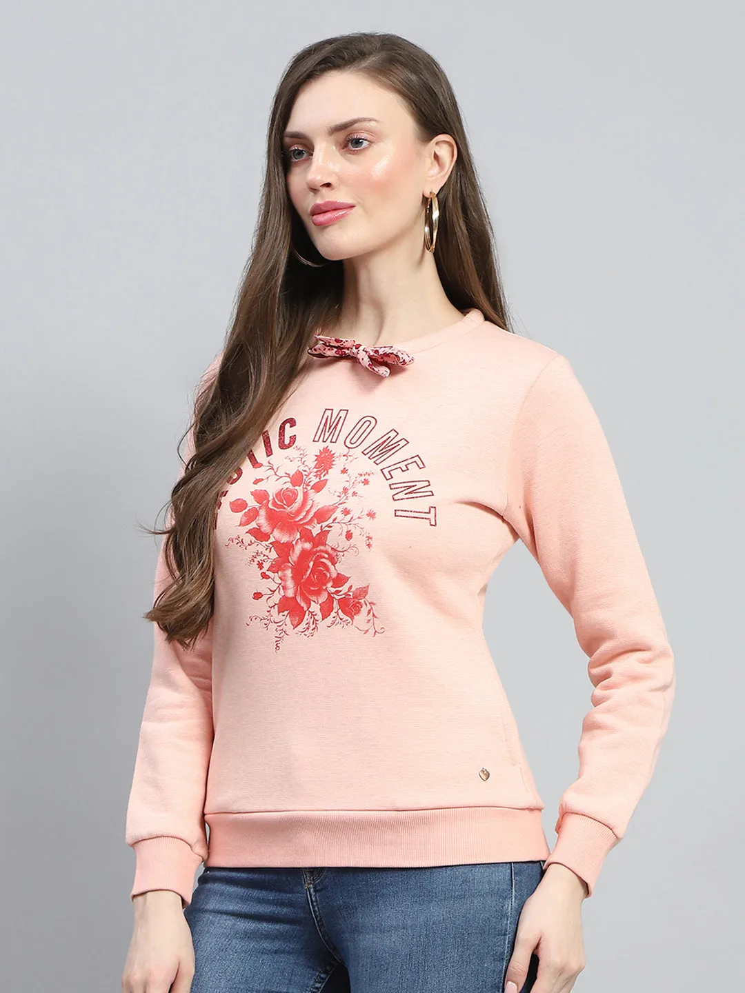 Women Peach Printed Round Neck Full Sleeve Sweatshirt sold by Monte Carlo product image thumbnail 3