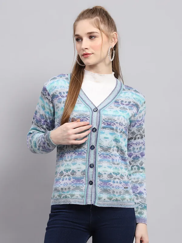 Women Blue Self Design V Neck Full Sleeve Cardigan sold by Monte Carlo